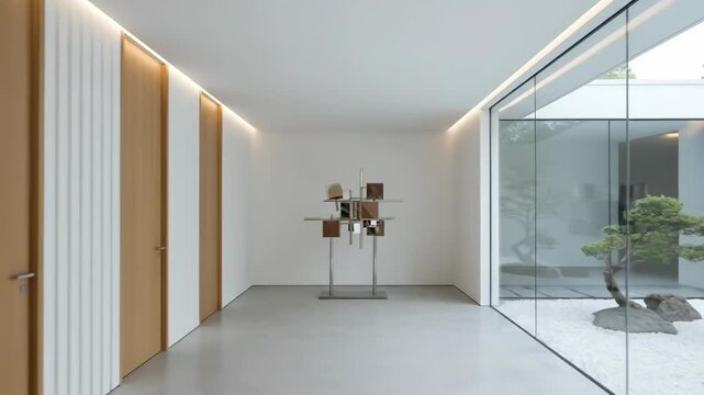 A smooth walkthrough of a modern minimalist hallway in a luxury home. Interior design featuring a Japanese Zen garden and art sculpture.