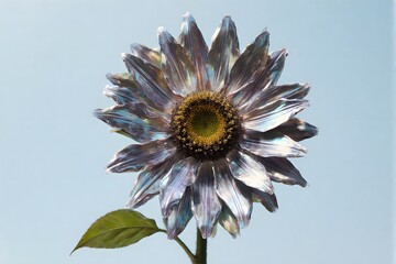 A metallic-looking sunflower stands alone against a clear blue sky.