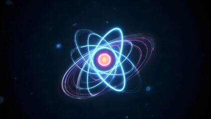 An abstract atomic model glows with orbiting electrons against a dark, cosmic background.