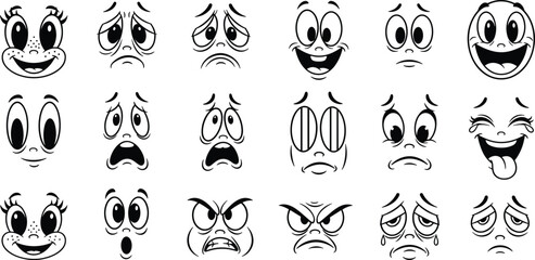 Naklejka premium Set of Various Cartoon Faces with Different Facial Expressions in Black and White