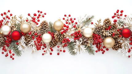 A festive Christmas garland with pine cones, berries, and ornaments.