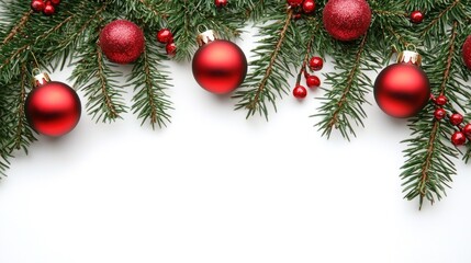 Christmas tree branches with red ornaments and berries against a white background.