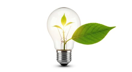 A light bulb with a green leaf growing inside and a green leaf on the side, set against a white background.