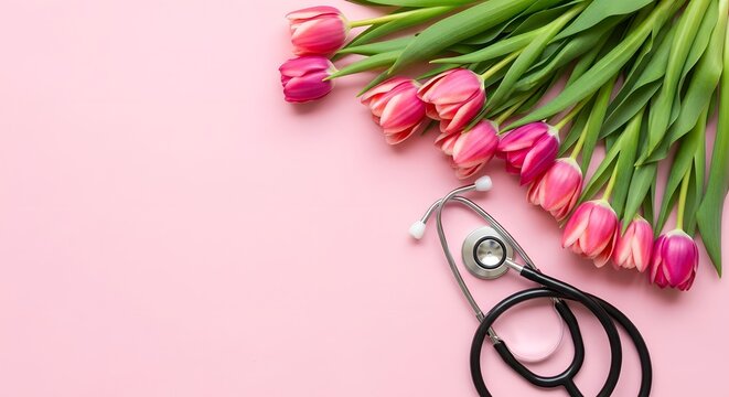 Pink tulips and a stethoscope on a pink background, symbolizing healthcare and celebration