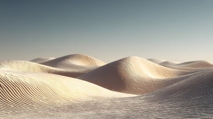 Soft, wind-shaped sand dunes stretch across a barren desert under a clear sky.