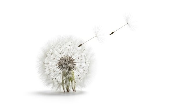 A dandelion seed head with a single seed flying away against a white background.