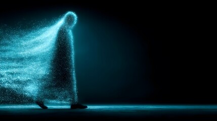 A glowing, ethereal figure made of blue particles slowly walks alone in a dark, empty space.