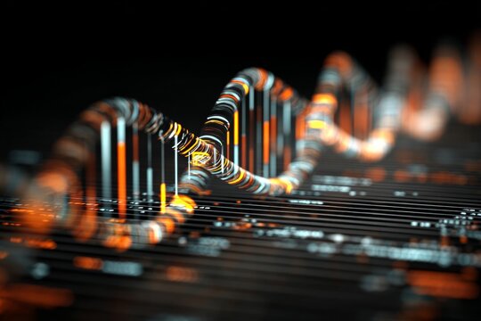 Behind the scenes of genetic discovery: experts review dna displays. Market analysis. Shadowy room and sprawling displays: specialists delve into dna patterns. Market opportunity. - Powered by Adobe