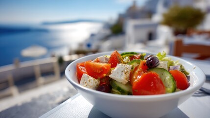 Vibrant Greek salad in white bowl at outdoor taverna with Aegean Sea view for travel blog, food magazine, restaurant menu, social media content, summer campaign

