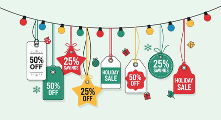 Festive Holiday Sale: A collection of vibrant price tags dangle from a string of colorful lights, each offering enticing discounts and promoting the spirit of a holiday sale season.