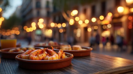 Spanish tapas spread with patatas bravas and gambas al ajillo for restaurant menu, food blog, travel guide, editorial use, and culinary concept

