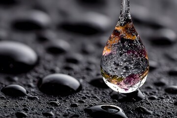 A single water droplet hangs in midair, reflecting colorful light above a dark, wet surface.