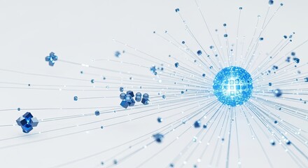 A blue and white abstract digital art piece with a central blue sphere and numerous smaller blue spheres and cubes scattered around it, connected by thin, transparent lines.