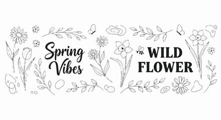 Line art illustration featuring flowers, leaves, butterflies, & text reading Spring Vibes and Wild Flower. A fresh, natural, and minimalist design.