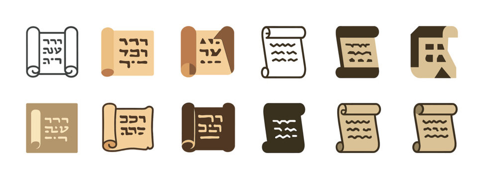Hebrew parchment scroll icons collection in various styles and colors
