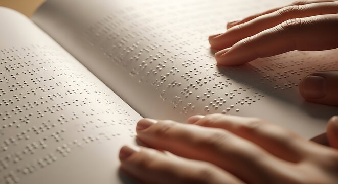 Close up of hands reading a braille book highlighting literacy and accessibility for the visually impaired