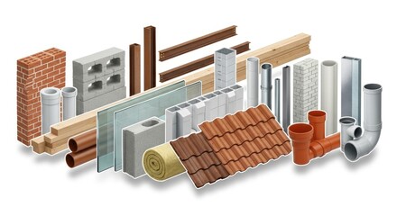 Various construction materials and tools arranged on a white background.