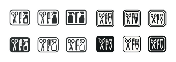 Set of twelve barber icons featuring scissors and spray bottle