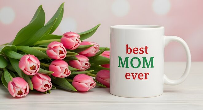 Mother's Day A bouquet of pink tulips next to a white mug with 'best MOM ever' printed on it, on a wooden surface with a soft bokeh background