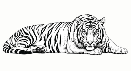 Obraz premium A black and white drawing of a tiger lying down, facing forward. The tiger has stripes and a watchful gaze.