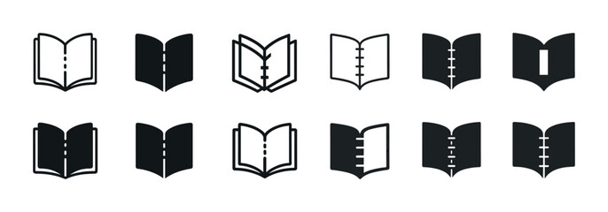 Various open book icon set - black and white vector symbols