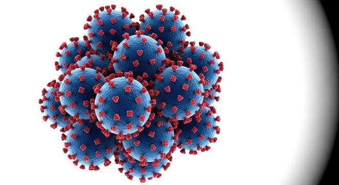 A cluster of blue and red virus particles against a white background. - Powered by Adobe