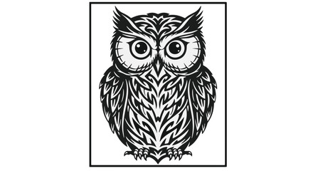 A black and white illustration of a stylized owl. The owl has large eyes, prominent tufts, and intricate feather designs. The image is framed in a black rectangle.