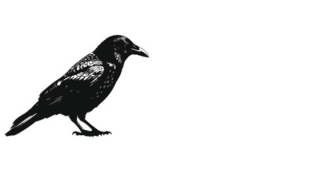 Obraz premium A black and white illustration of a raven standing. The raven is detailed with visible feather texture. It faces right, against a stark white background.
