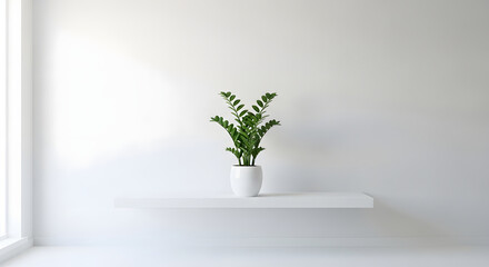 Minimalist White Room with Green Plant on Shelf Background