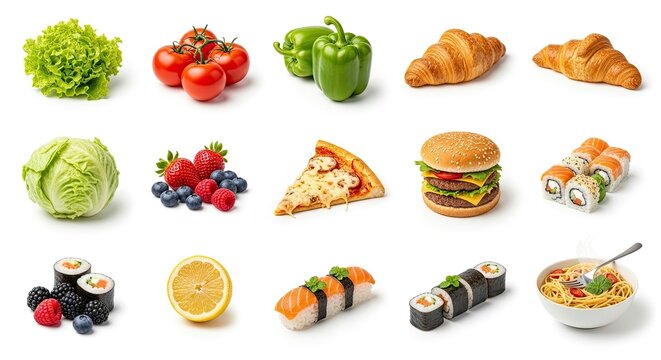 A variety of colorful fruits and vegetables arranged on a white background.