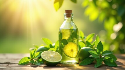 Glass bottle of essential oil infused with lemon slices and fresh mint leaves