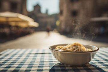 Steaming Cacio e Pepe pasta on checkered cloth for Italian food blog, restaurant menu, travel editorial, culinary concept, and lifestyle content


