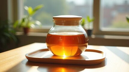 Glass jar of golden honey on a wooden tray with sunlight streaming through a window