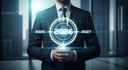 Businessman with 2026 target hologram in futuristic city.