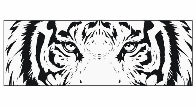 Striking black and white illustration featuring the intense gaze of a tiger's face, cropped to focus primarily on its eyes and distinctive markings.