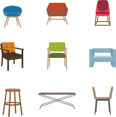 Diverse collection of modern, stylish, and contemporary chairs, sofas, and stools, showcasing various designs, colors, and materials for interior design, home decor, and furniture retail concepts.