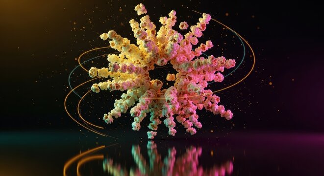 Abstract popcorn explosion with vibrant neon lights and dynamic swirling trails, reflective surface, digital art concept