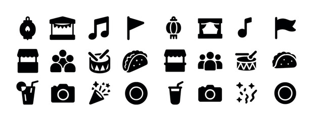 Obraz na płótnie Canvas Festival icon set: music, food, flags, drinks, people, cameras