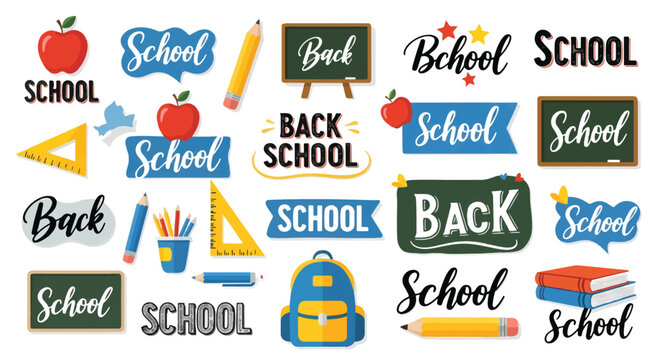 A collection of colorful back-to-school themed graphics, including apples, pencils, rulers, backpacks, books, chalkboards, and School and Back lettering.