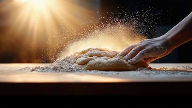A close-up shot of a person's hands kneading dough on a wooden surface, with flour dust flying in the air, illuminated by dramatic golden sunlight.