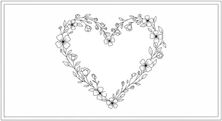 Obraz premium Floral heart frame. Black and white drawing of a heart shape formed by delicate flowers, leaves, and vines. Romantic design.