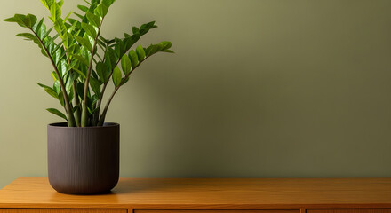 Minimalist ZZ Plant on Wooden Table with Olive Green Wall Background