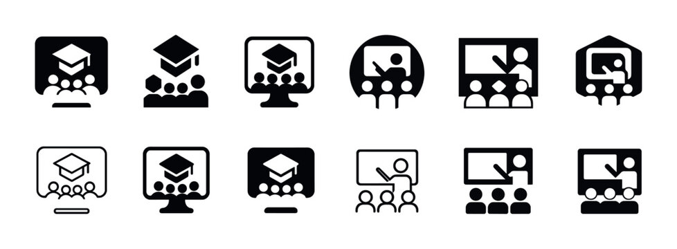 Online education icons set: graduation cap, computer, and learning symbols