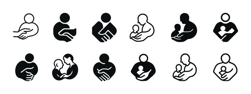 Set of parent and child icon silhouettes in various styles
