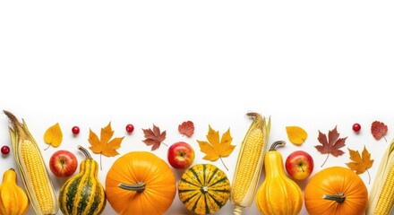 Various autumnal fruits and leaves on a white background.