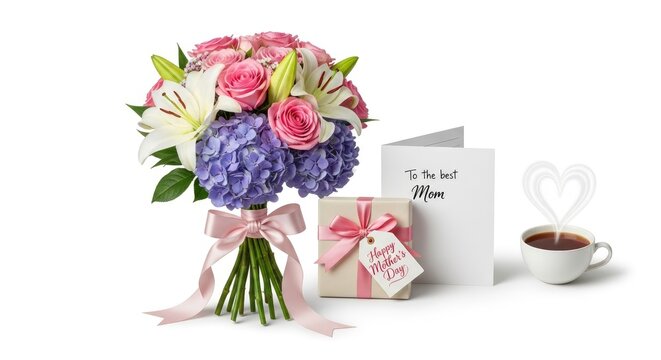 A bouquet of pink roses, white lilies, and purple hydrangeas with a pink ribbon and a gift box with a pink ribbon and a pink bow