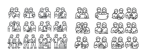 Obraz premium Line art of group collaboration: male and female colleagues in teamwork scenarios