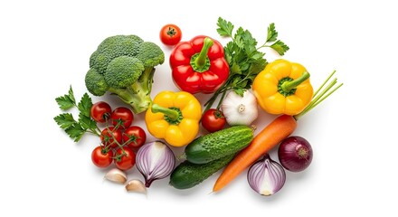 A variety of fresh vegetables including broccoli, bell peppers, tomatoes, and carrots on a white background.