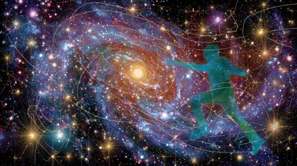 A translucent silhouette of a person in motion is superimposed over a vibrant spiral galaxy and a network of glowing lines and stars, suggesting connection and