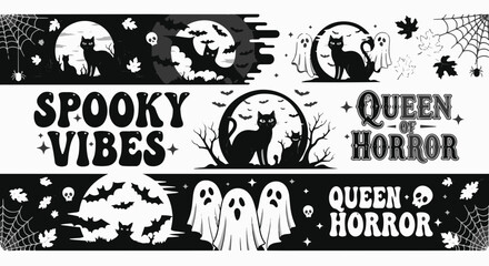 ** A black and white image containing strips of Halloween-themed vector designs with cats, bats, ghosts, webs, skeletons, leaves, and text reading Spooky Vibes and Queen of Horror. **